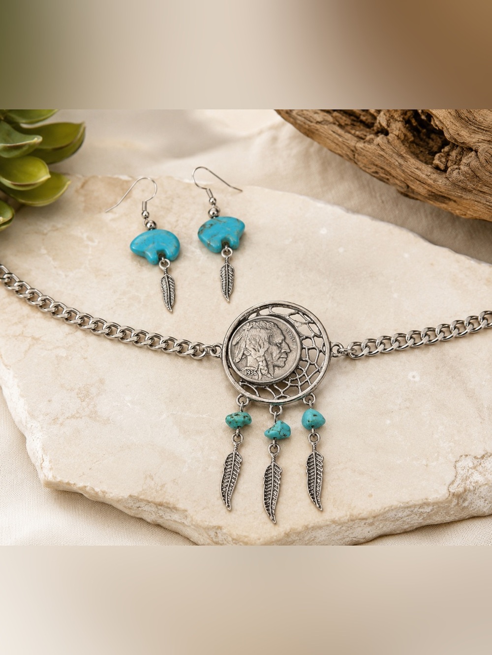 NEW American Coin Buffalo Nickel Dream Catcher Bracelet and turquoise earrings